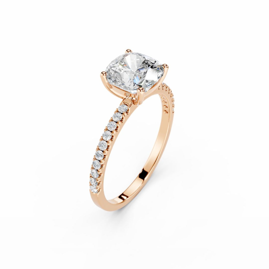 2 Carat Cushion Lab Grown Diamond Engagement Ring With Diamond Band 18K Rose  Gold